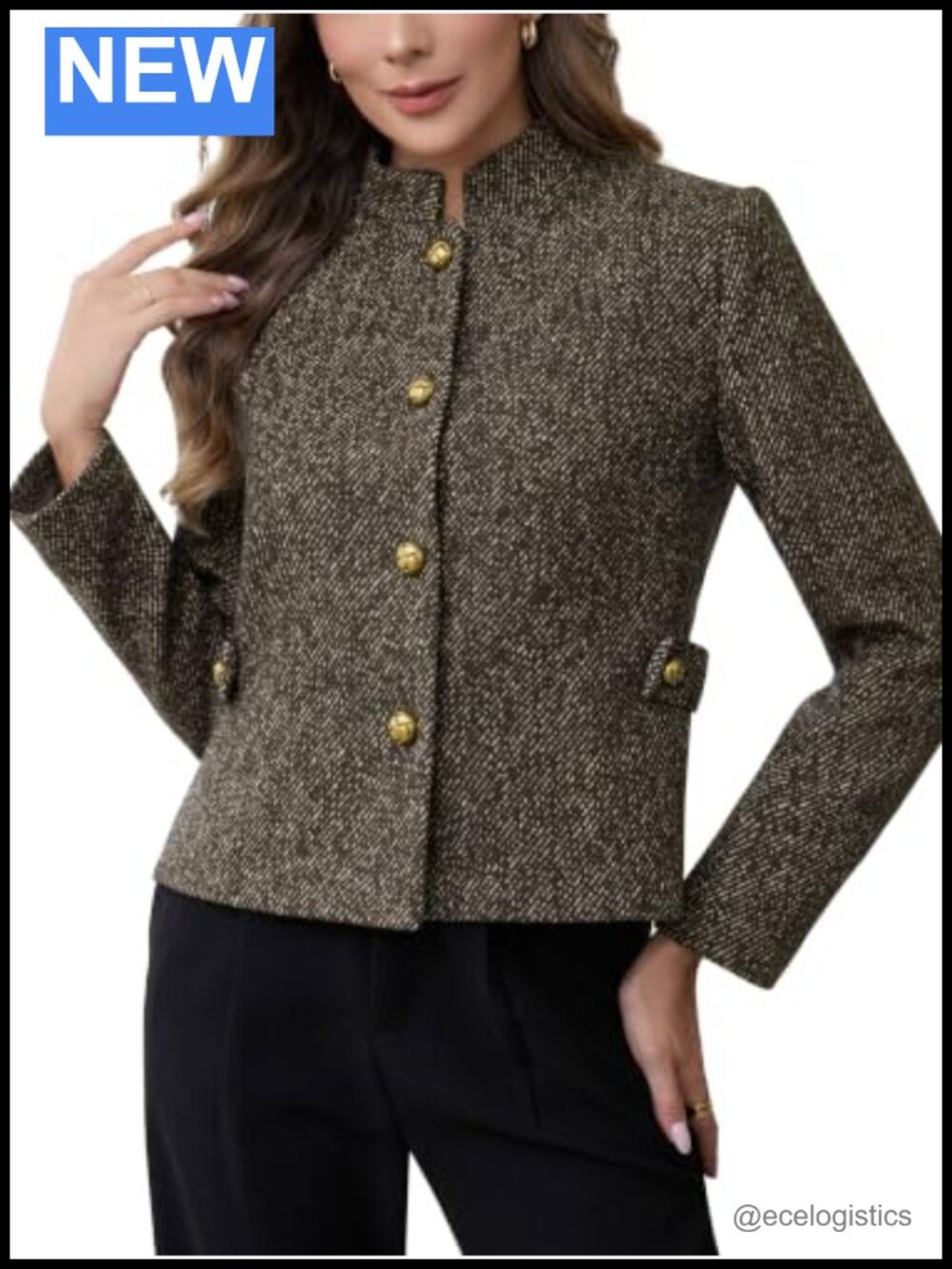 Womens Cropped Tweed Jacket Stand Collar Plaid Long Sleeve Button Front Coat